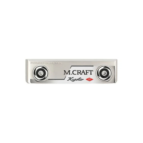 Mizuno Golf M.Craft Kyoto P Grey putter with silver finish and grip, showing the club head and shaft on a golf course background.