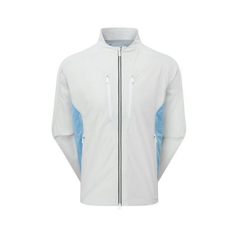 White men's long-sleeve golf jacket with light blue details