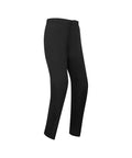 Black rain pants shown from a side profile view on a solid white background.