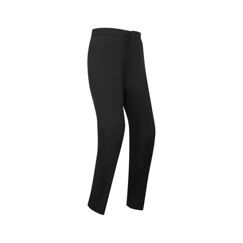 Black rain pants shown from a side profile view on a solid white background.