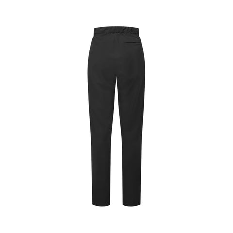 Black rain pants shown from a side profile view on a solid white background.