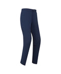 Navy rain pants shown from a side profile view on a solid white background.