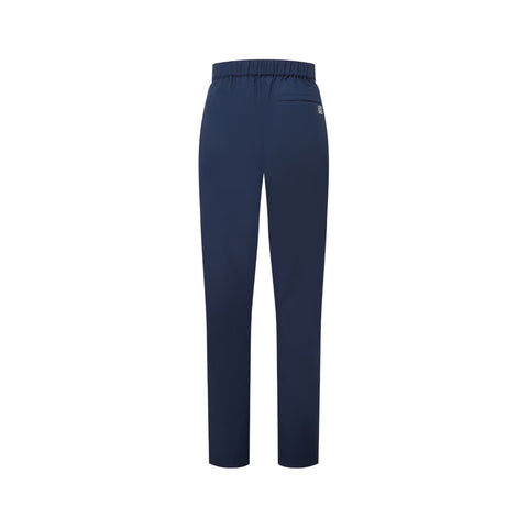 Navy rain pants shown from a side profile view on a solid white background.