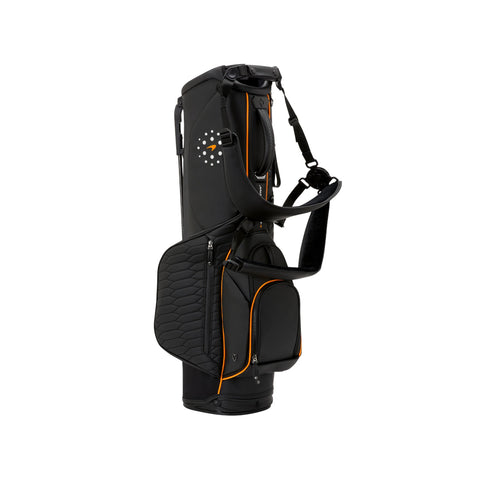 McLaren Golf x Vessel Lux stand golf bag with multiple compartments, padded shoulder strap, and McLaren branding for stylish carrying.