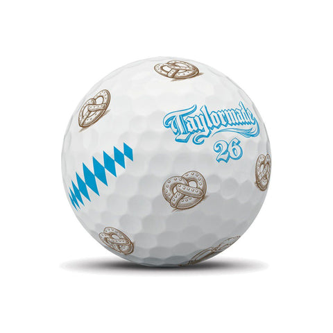 TaylorMade TP5 Pix Oktoberfest golf balls with pretzel design, premium golf ball featuring vibrant colors and detailed print.