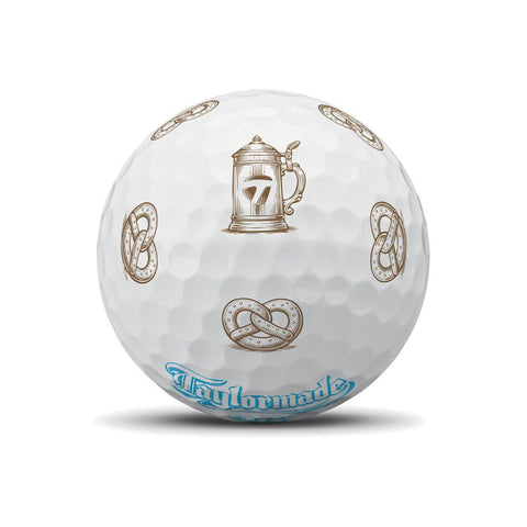 TaylorMade TP5 Pix Oktoberfest golf balls featuring pretzel design, premium quality, ideal for golf enthusiasts.